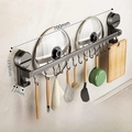 70cm punch-free kitchen suction cup wall rack with 14 hooks for cookware storage - Single Bar 70cm/14 Hooks/Gun Grey