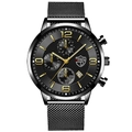 Men's fashion business quartz watch with black mesh band and gold hands on black dial - Black Band Gold Hands