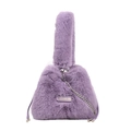 Purple faux fur bucket bag with chunky handle, metal chain strap and engraved metal plate - Purple