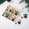 Wooden Christmas tree truck ornaments set in a rustic storage box with pine cones - 12PCS Blackboard Style