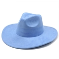 Detail shot of sky blue suede wide brim fedora hat with smooth texture on white background - M (56-59cm) / Azure Blue Suede