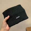 Thick black knit bucket hat with bear ears and GRANK woven label for winter warmth - Knitted Headband - Black