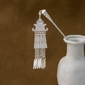 Silver hollow hair pin with hanging tassels and elegant metal drop accents - Hollow Cloud Pattern Square Tassel (F216)