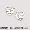 DIY alloy heart pendant with engraved love text and small floral patterns 26mm - XK2725# (Multilingual Love Heart)
