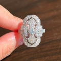 Vintage Art Deco hollow ring with silver metal and sparkling cubic zirconia crystals - US 6 / White Gold