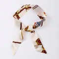Narrow silk scarf in apricot featuring a vintage equestrian print with rope and chain details - X35-Multi