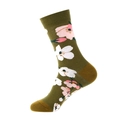 Olive green crew sock with pink and white flower patterns and contrasting brown heel - 903 Olive Green Floral