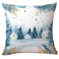 Blauwe kussenhoes met winters boslandschap en gouden sneeuwvlokken print - CRD513-2 / Sneeuwwoud Hut