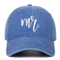 Close-up of white mr. embroidery on a navy blue washed denim baseball cap detail - Light Blue Mr.
