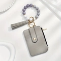 Grey pebbled leather card wallet with marble silicone beads and tassel keychain - #6 Grey