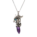 Retro dragon head pendant necklace featuring blue gemstone eyes and purple crystal point - Amethyst Stainless Steel Chain
