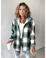 Green and brown plaid hooded shirt jacket for women with drawstring details - S / Tops / Green Checkered