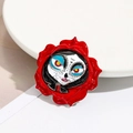Red rose enamel brooch with Day of the Dead face design on a white ceramic plate - Red Rose Day of the Dead Style (RW0059)