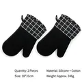 Pair of thick black silicone oven mitts with plaid cotton cuffs for heat resistance - Left and Right Hand Combination / Full Silicone Palm Black Plaid