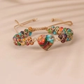 Handmade adjustable heart stone bracelet with colorful beads and gold-trimmed heart charm - Flower Heart
