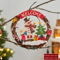 Ghirlanda natalizia pupazzo di neve con striscione Welcome e anello in rattan rustico - Ghirlanda di Benvenuto Pupazzo di Neve