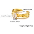 Gold open ring with double-layer rope texture and oval cubic zirconia, size specifications - White