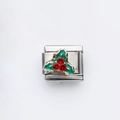 Charm modulare italiano in acciaio inox con foglie di agrifoglio verdi e strass rossi - Trifoglio