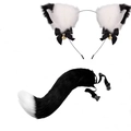 Detail of bionic cat ears headband and plush tail set with bells for cosplay - White Black Mixed + Black White Tail