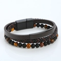 Detail of multi-layer braided leather bracelet with tiger eye beads and magnetic clasp - Coffee + Matte Black Clasp
