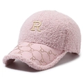 Pink lamb wool baseball cap with embroidered golden R letter and rhinestone brim detail - Pink