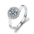 Halo setting round cut zircon S925 silver adjustable ring in polished silver finish - Adjustable Open / Twisted Round Halo Style (1 Carat Effect)