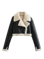 Detailed view of the textured PU leather and white faux shearling lining on the moto jacket - XS / Black