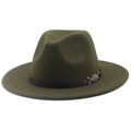 Detail of dark olive wool fedora with black leather band and silver geometric buckle - M (56-58cm) / Army Green
