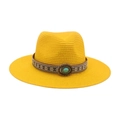 Cappello fedora in paglia gialla con fascia etnica ricamata e pietra turchese decorativa - Cappello di Paglia Giallo (Pietra Blu Ovale)