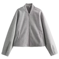 Minimalist grey wool bomber jacket with zipper and drop shoulders on white background - S / Gray