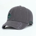 Distressed dark grey cotton baseball cap with green embroidery and maple leaf holes - Adjustable / Dark Gray