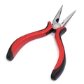 Close-up of needle nose pliers with red and black handle and spring mechanism - Needle Nose Pliers (Thick Handle/Serrated)