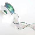 Iridescent organza ribbon in champagne gold with green edge on a white spool - Iridescent Forest Green
