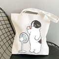 Cream canvas tote bag featuring cute cartoon cat drinking soda and using a fan pattern - Cat with Fan