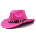 Detail of rose red felt cowboy hat featuring black leather band with golden metal studs - Rose Red
