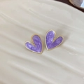 Elegant purple marble heart earrings with golden metal edges and silver needle posts - Purple Enamel Heart Style (43#)