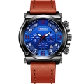 Men's chronograph watch with dark blue dial, black steel case, and brown leather strap - Wine Red Strap Black Case Blue Dial
