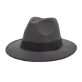 Classic dark grey wool fedora hat with wide black decorative ribbon band for autumn and winter - M (56-58cm) / Dark Gray