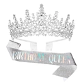 Σετ ασημένια κορδέλα Birthday Queen και στέμμα με στρας για διακόσμηση πάρτι γενεθλίων - Χτένα Ασημένιο Στέμμα + Ασημένια Ολογραφική Queen Ζώνη Σετ