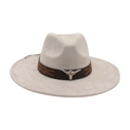 Light gray wool fedora hat with brown leather band and silver bull head ornament - Gray