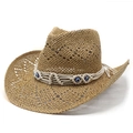 Hohl gewebter Stroh-Cowboyhut mit Perlen und bösem Blick auf weißem Hintergrund - M (56-58cm) / Khaki