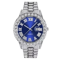 Iced-out men's hip hop watch with silver diamond band and blue sunray Roman dial - Silver Case Blue Dial