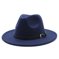 Detail of navy blue wool fedora hat featuring a black leather belt with gold metal buckle - Navy Blue