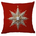 Square red Christmas pillowcase with 3D crystal snowflake design and gold accents - Luxury Snowflake