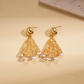 Detail of 18K gold plated hollow fan-shaped earrings with white pearl accents - Silver Needle - Gold - Hollow (Fan)