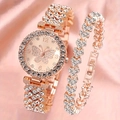 Rose gold watch and heart bracelet set with crystal rhinestones and butterfly dial - Rose Gold Butterfly Set