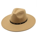 Classic camel wool fedora hat with a wide brim and studded black decorative band - M (56-58cm) / Camel