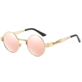 Lunettes steampunk rondes rétro avec monture dorée et verres polarisés rose pêche - Monture Dorée Miroir Rose
