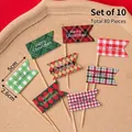 Pack of 80 Merry Christmas plaid cake toppers with wooden sticks for holiday desserts - Single-sided Plaid Flag Toppers 80pcs