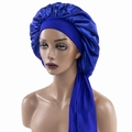 Deep blue satin sleep cap with wide elastic band and long decorative ribbons for women - Medium / Sapphire Blue